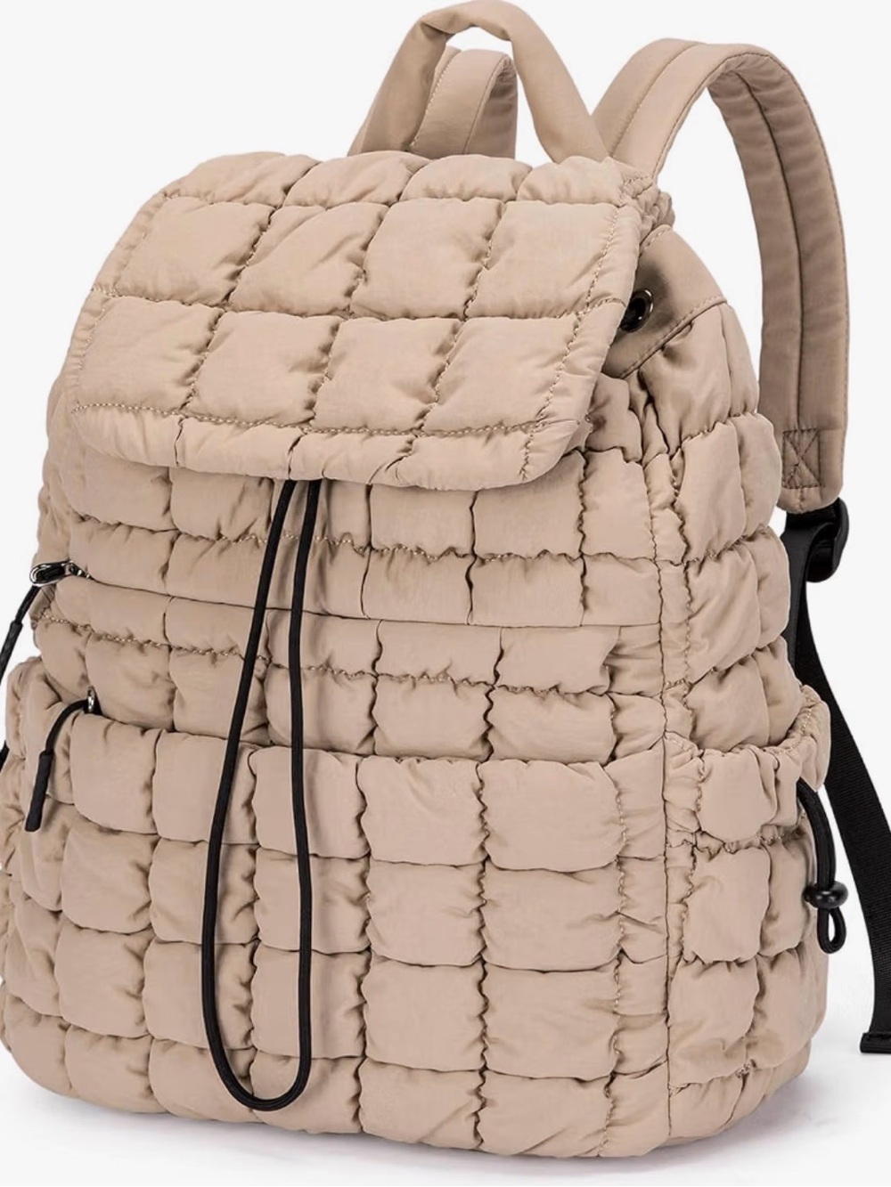 Beige Quilted Puffer Backpack - Women's Casual Daypack